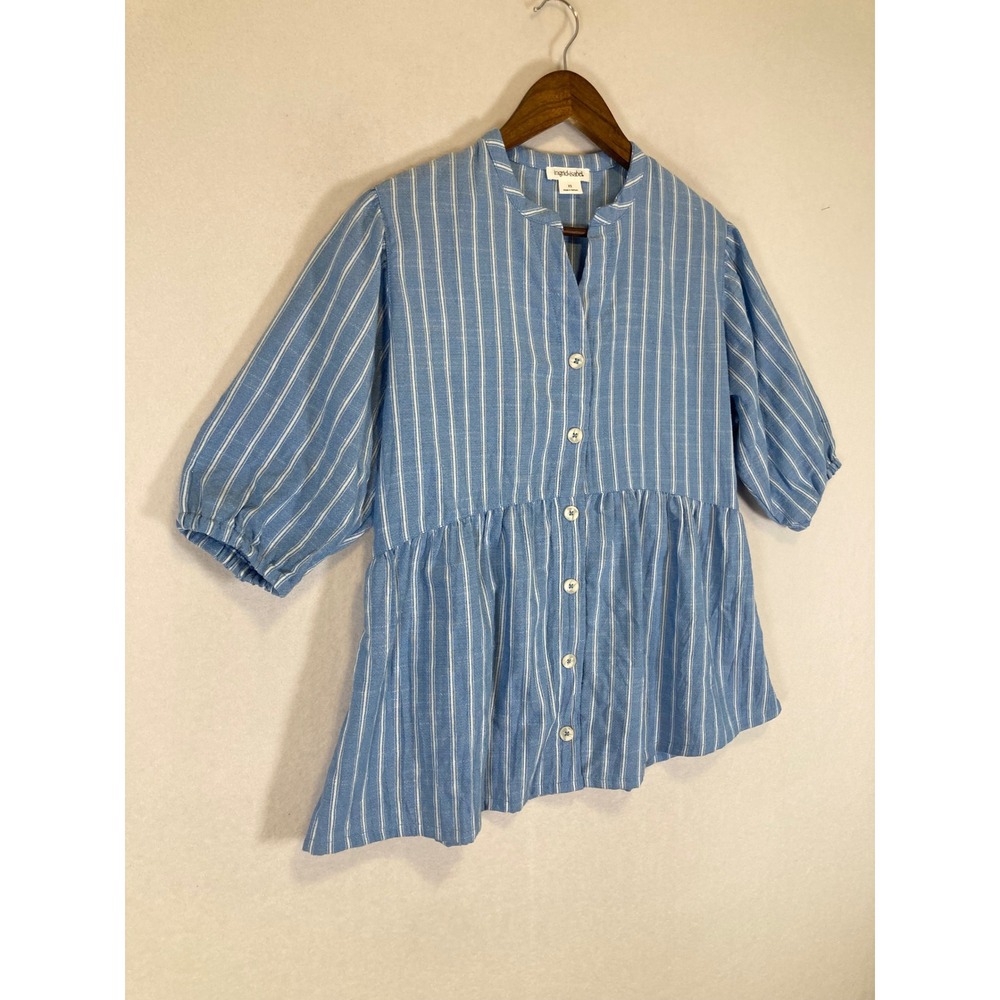 Coastal Ingrid & Isabel Women XS Blue Striped Puff Sleeve Peplum Button Top - Picture 9 of 10